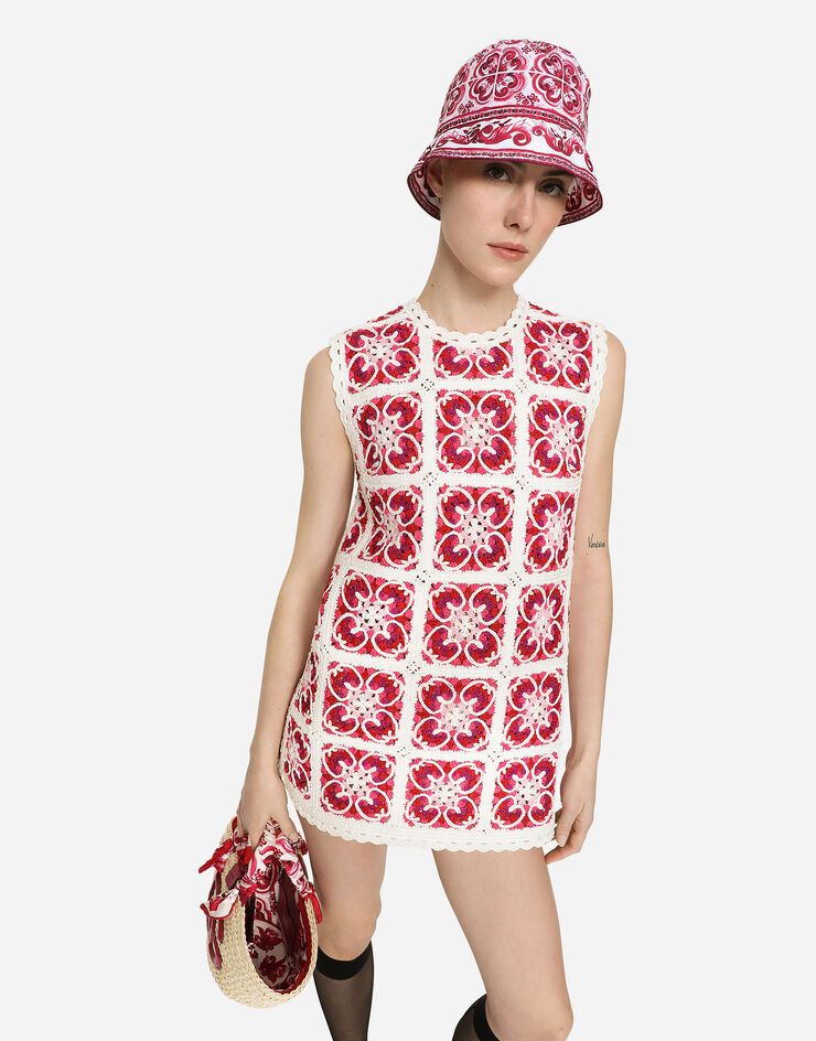 Dolce & Gabbana Minivestido de cuadrados granny de ganchillo con patrón Maiolica Multicolor FX379ZJBCAV