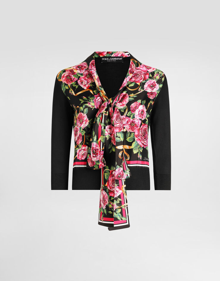 Dolce & Gabbana Jersey de seda con panel fular y lazada al cuello de sarga con estampado de rosas Imprima FXY17TJBSK9