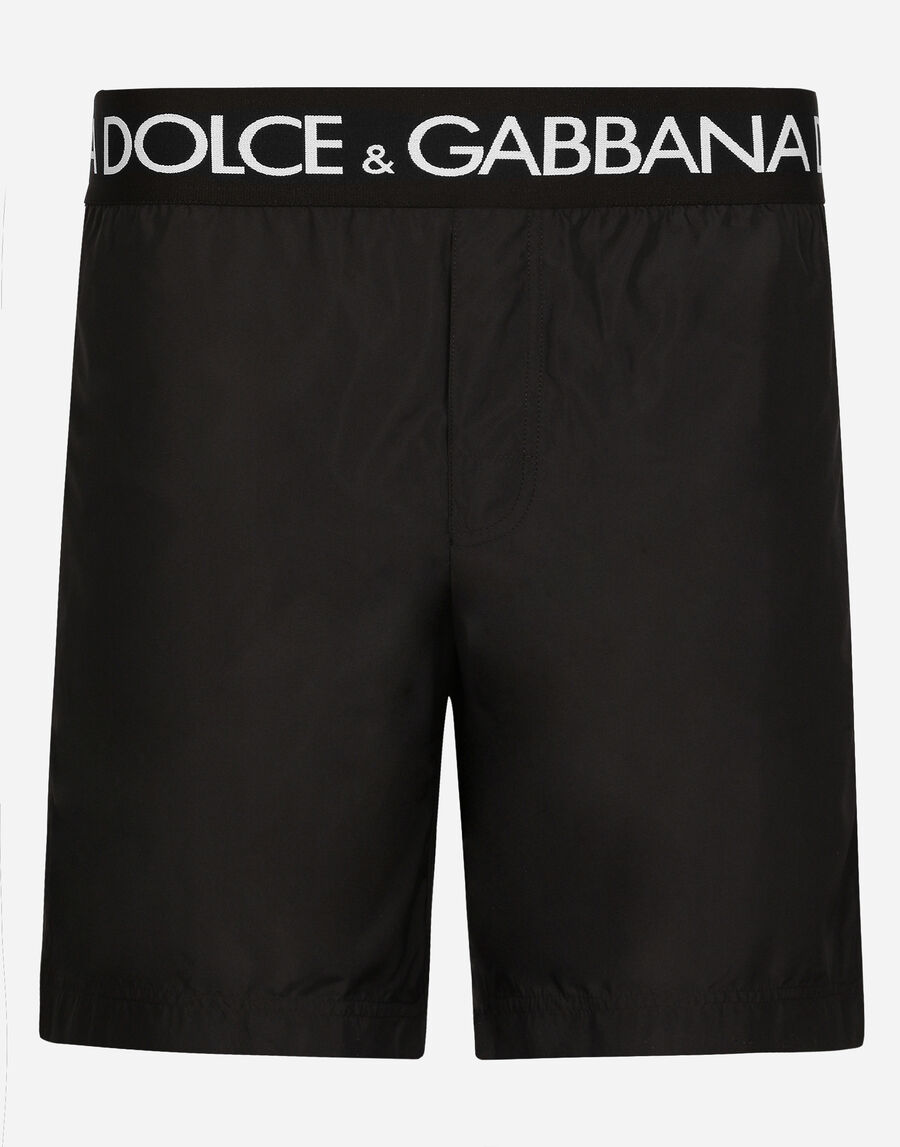 Mid-length swim trunks with branded waistband