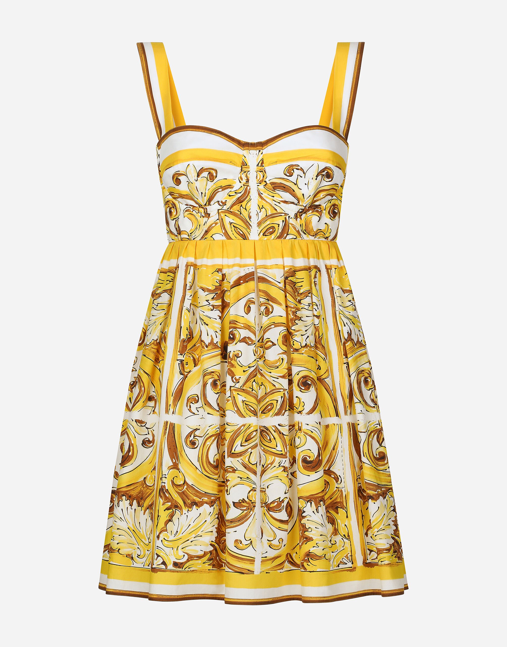 Dolce & Gabbana Vestido corto con corsé en popelina de algodón con estampado Maiolica Amarillo BB6003AW050