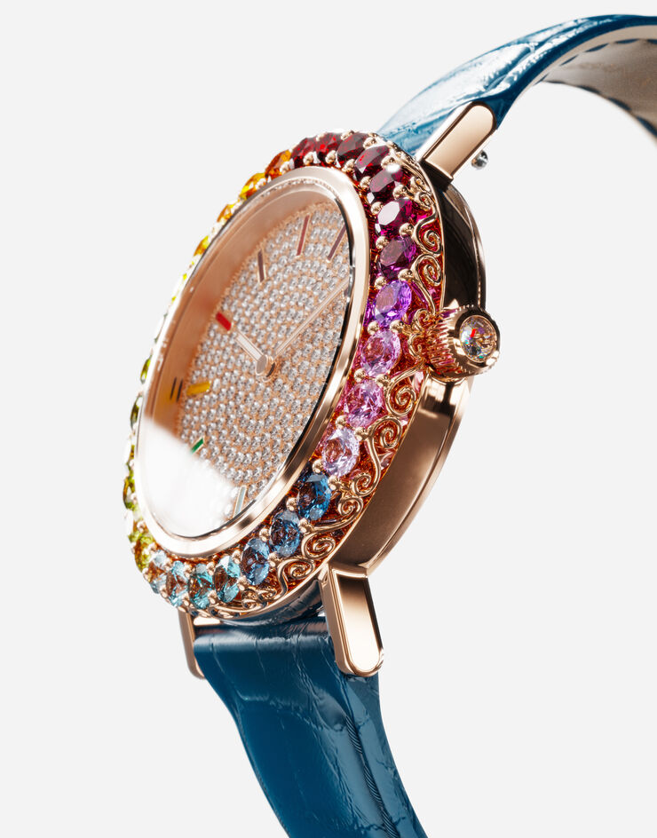 Dolce & Gabbana 멀티컬러 고급 젬스톤 & 다이아몬드 장식 로즈 골드 아이리스 워치 블루 WWLB2GXA0XA