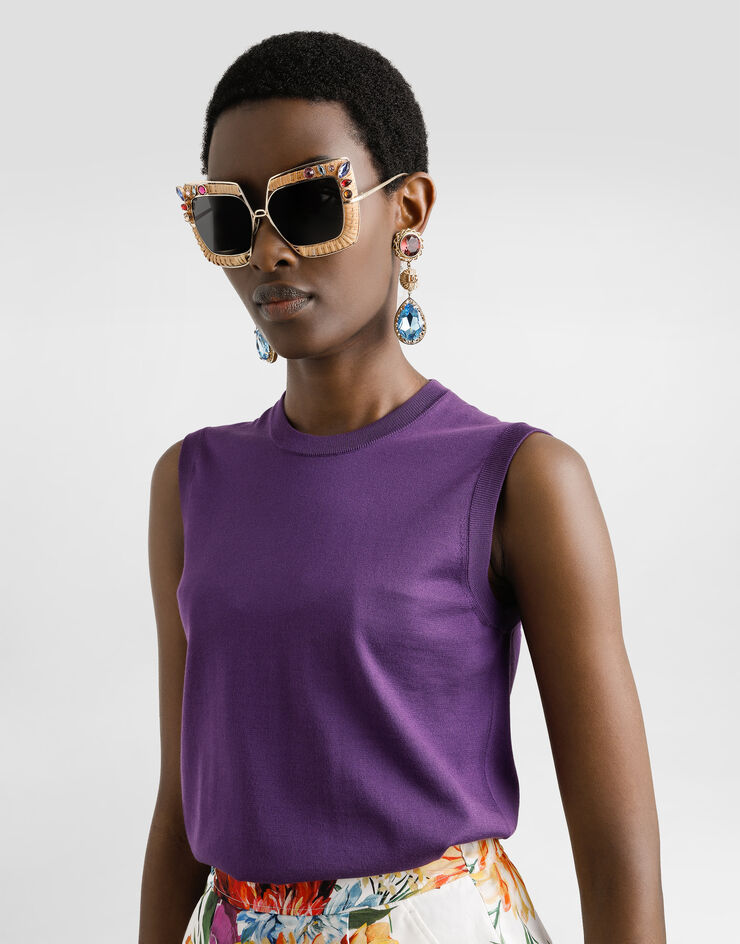 Dolce & Gabbana Camiseta sin mangas de seda con broche de flor Violeta FXT02TJBSO1