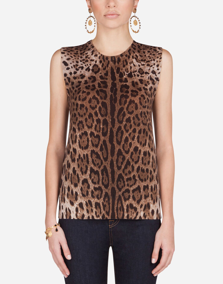 Dolce & Gabbana Ärmelloser wollsweater mit leoparddruck Mehrfarbig FX452TJAHHD