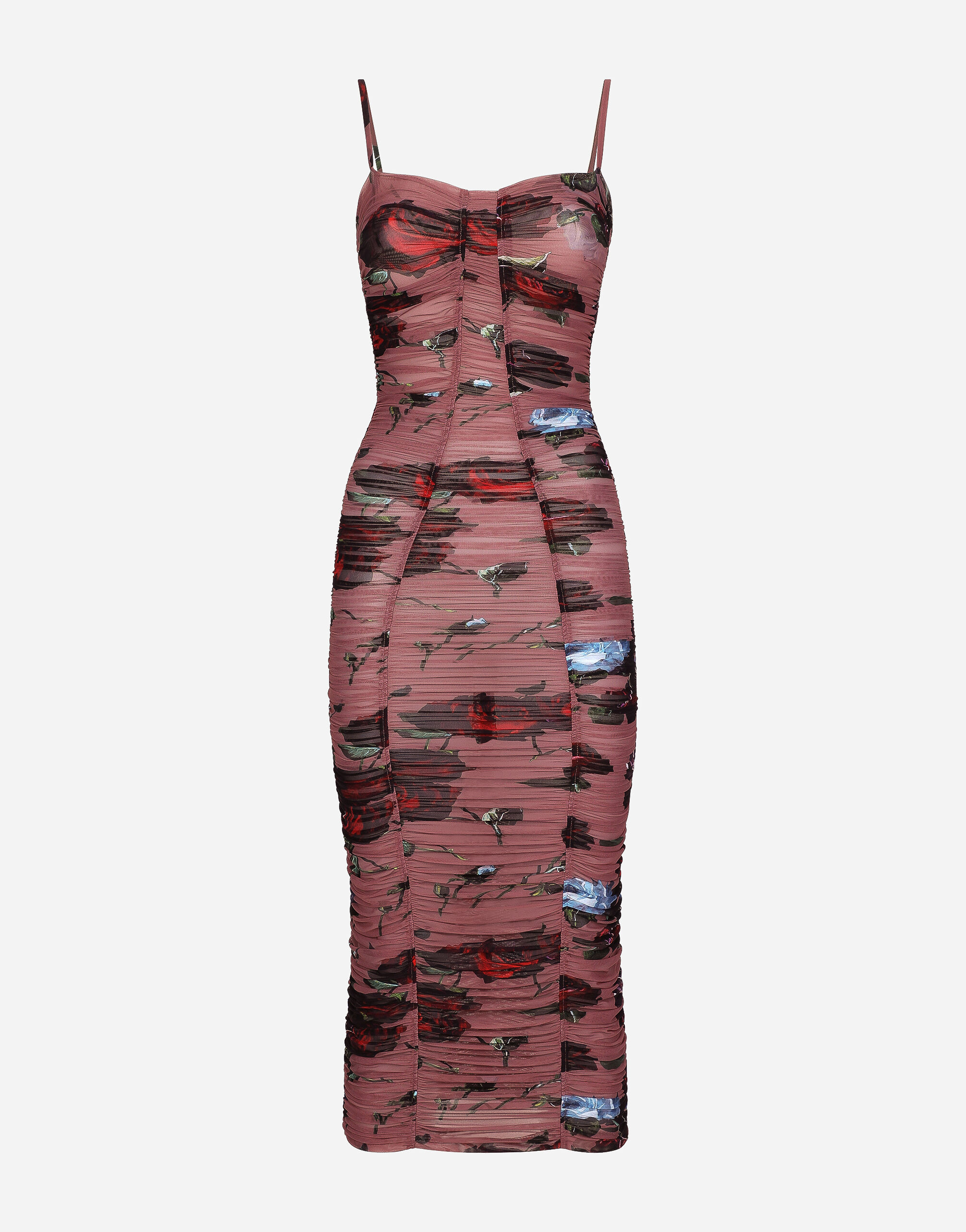 Dolce & Gabbana Slip Dress aus drapiertem Tüll Vintage-Rosenprint Rosa F79DATFMMHN