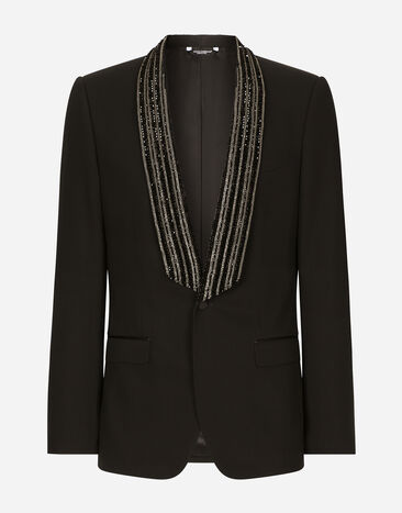 Dolce & Gabbana Single-breasted jacket with embroidered shawl collar Blue G2QU6TFR20J