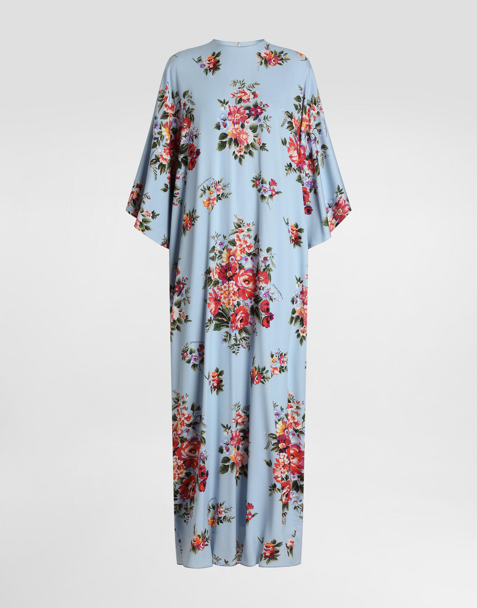 Flower bouquet-print long charmeuse dress