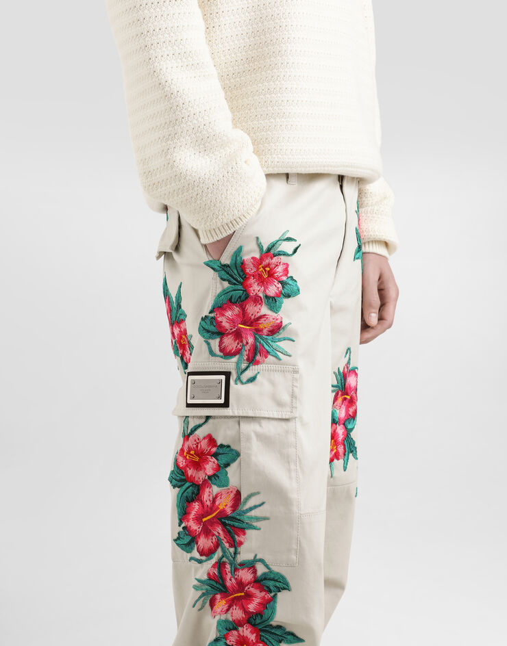 Dolce & Gabbana سروال كارغو قطني برقع زهور بيج GP03LZFUFKY