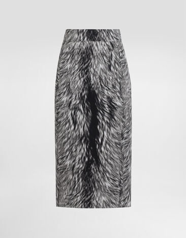 Dolce & Gabbana Charmeuse midi pencil skirt with fur print Grey F4C2LTFSA71