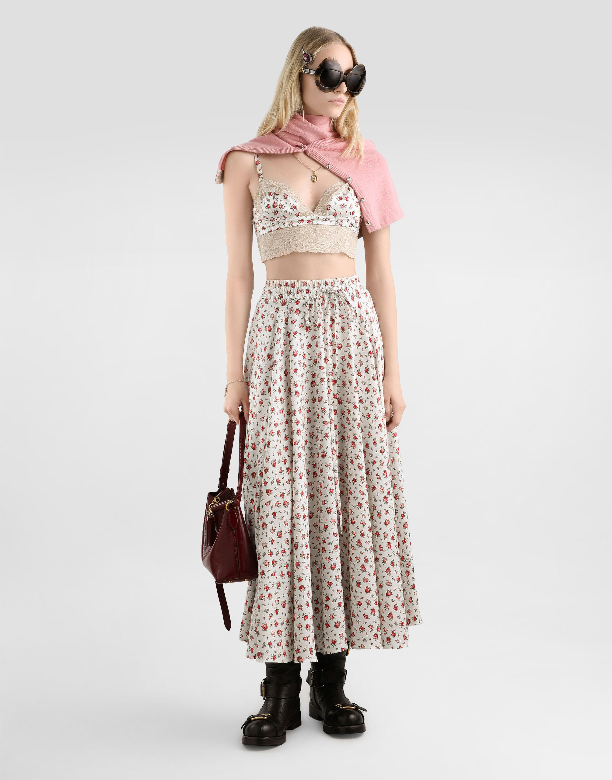 Small rose-print charmeuse circle skirt