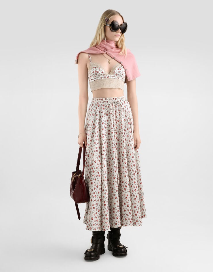 Dolce & Gabbana Kreisrock aus Charmeuse mit kleinem Rosenprint Multicolor F4DBGTFSA79