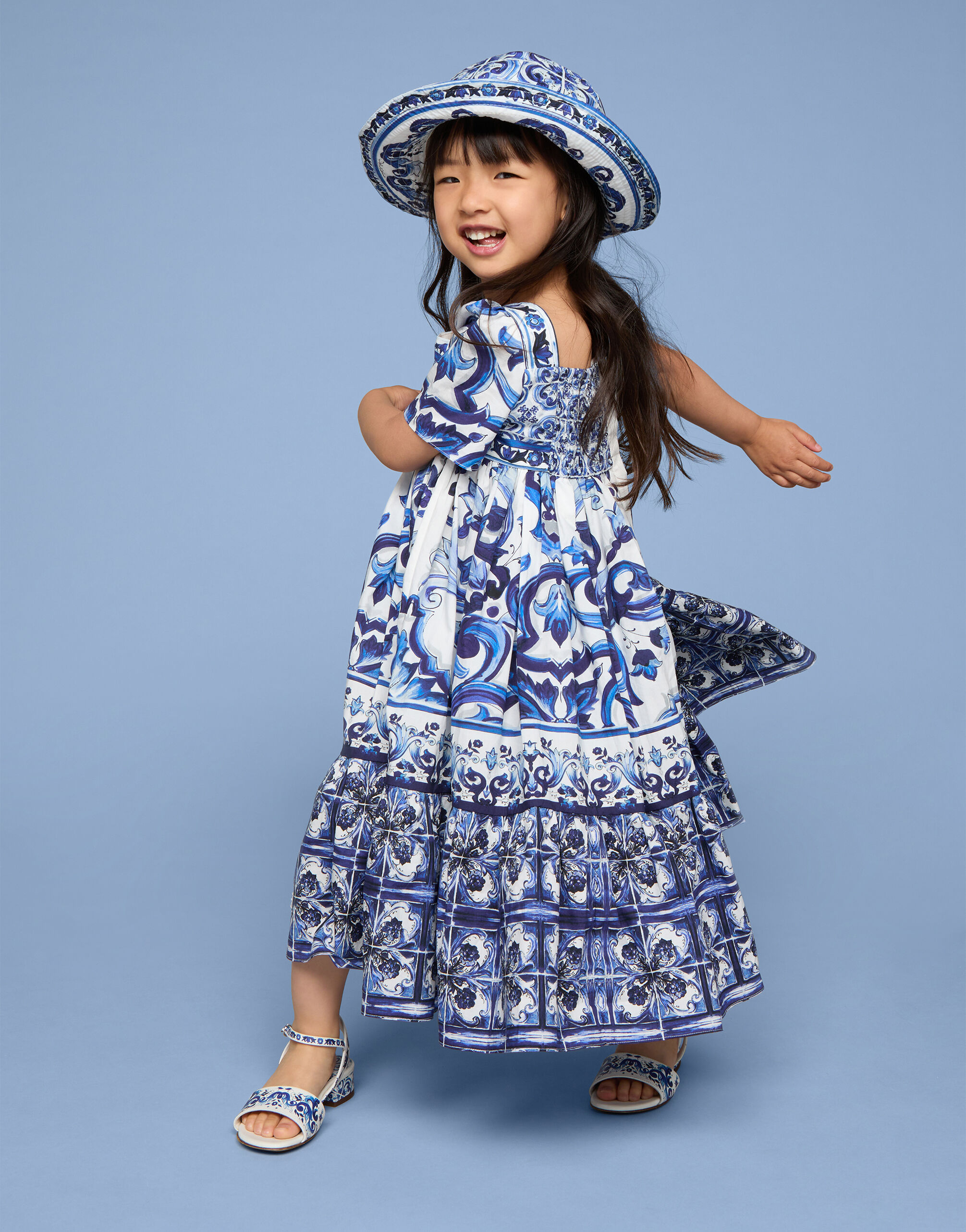 Long majolica print poplin dress in Multicolor for Girls Dolce Gabbana