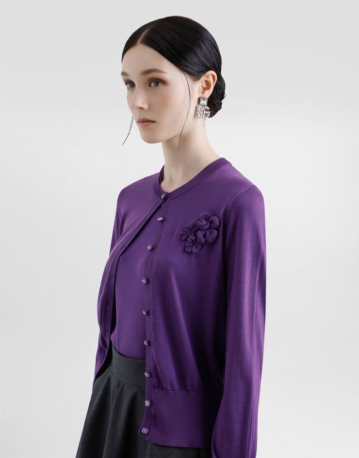 Dolce & Gabbana Cárdigan de cuello redondo de seda Violeta FXV07ZJBSKY