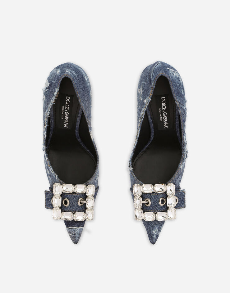 Dolce & Gabbana Zapato de salón en patchwork de denim con hebilla de strass Azul CD1781AY841