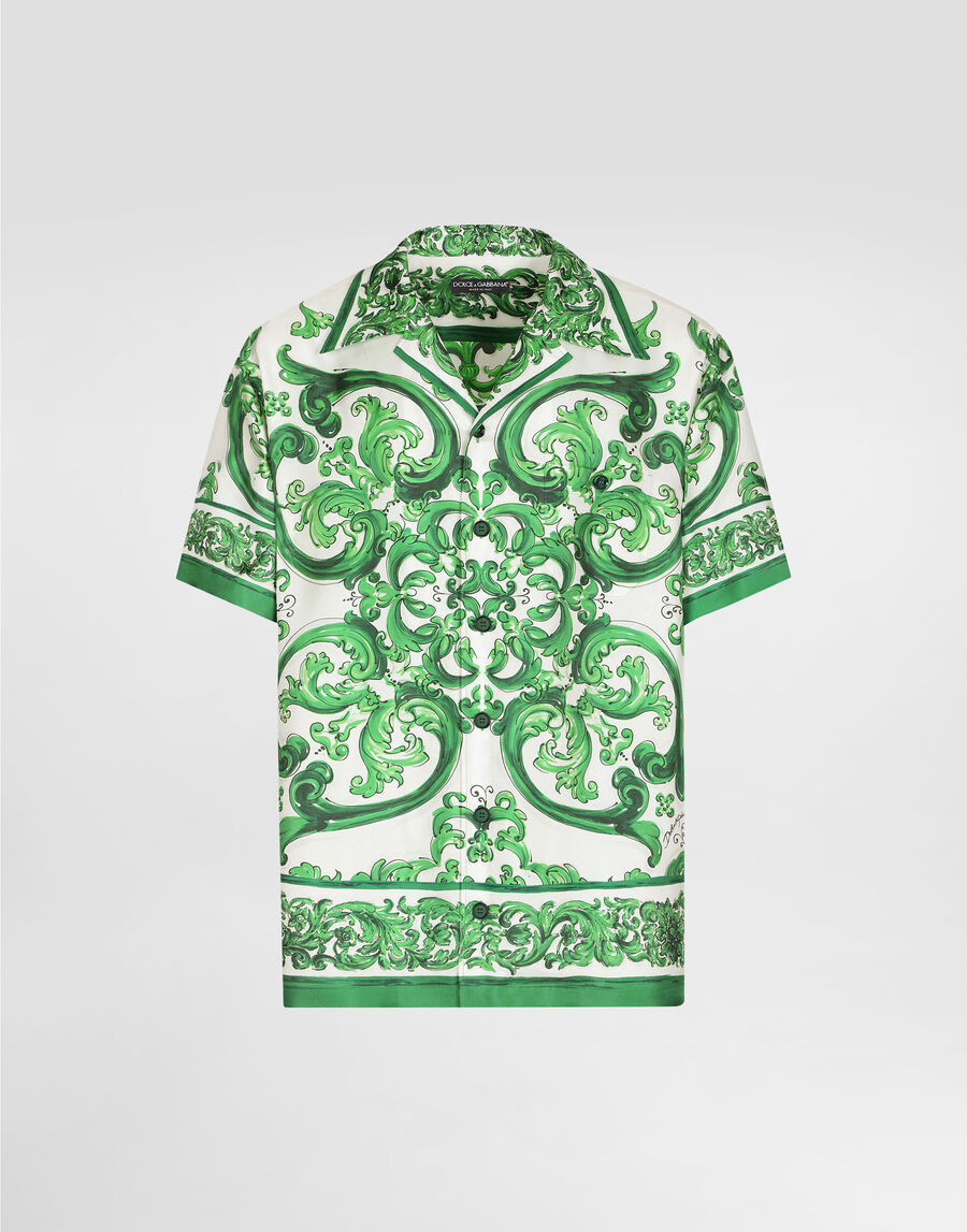 Silk twill Hawaiian shirt with majolica print