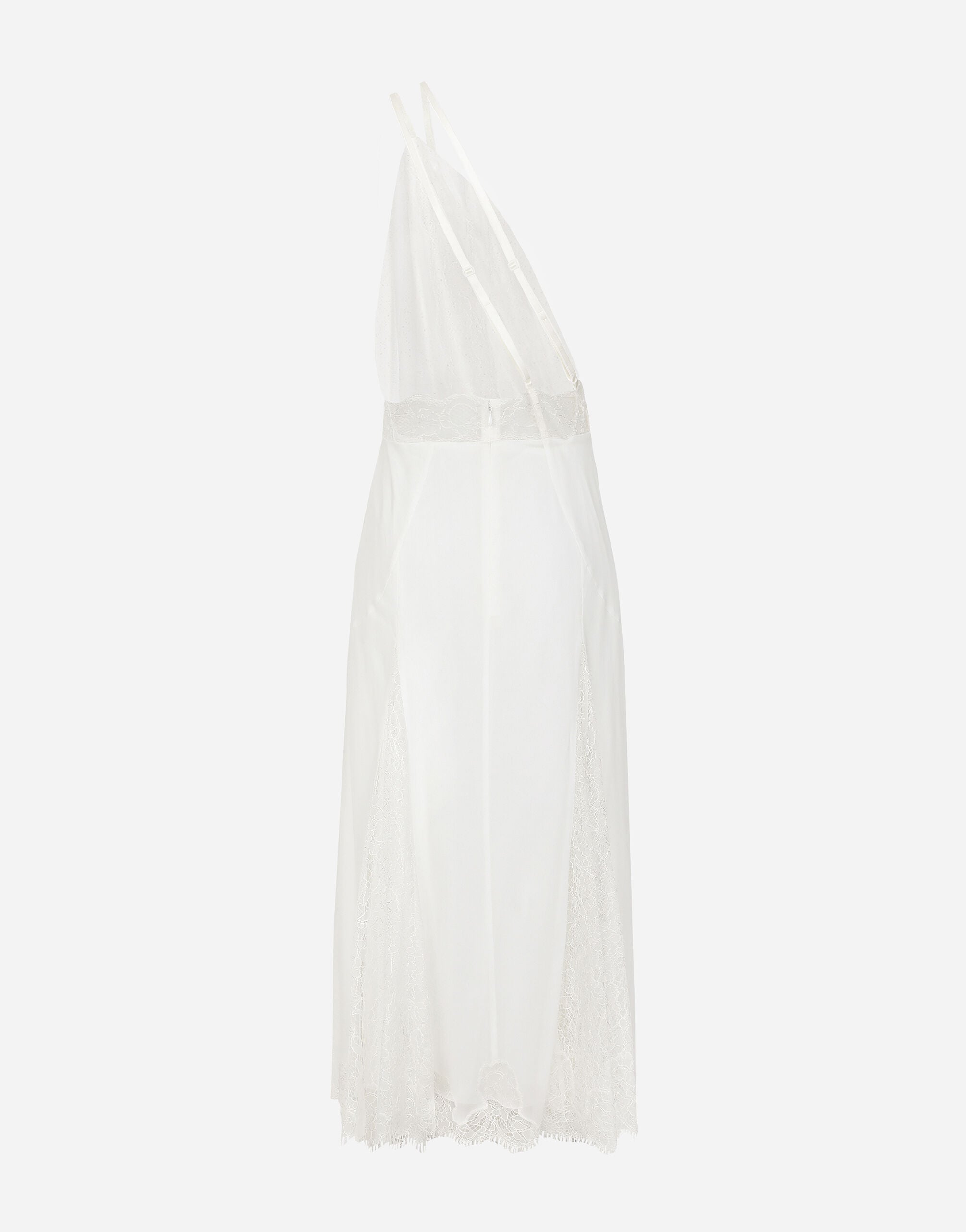 Organzine and lace calf-length dress with asymmetrical neckline in