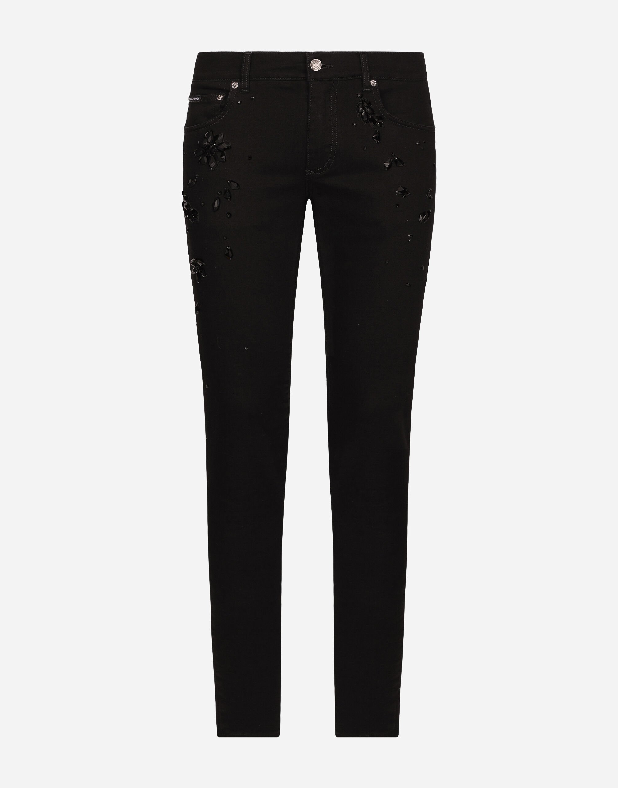 Dolce & Gabbana Stretch skinny jeans with rhinestone embroidery Black GY07CDG8KN4