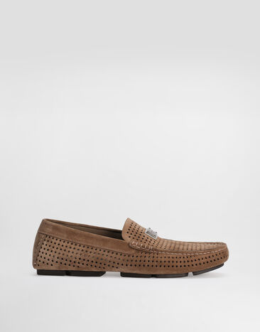 Dolce & Gabbana DG driver perforated split calfskin slipper Brown A50713AE003