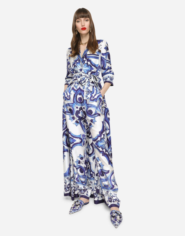 Dolce & Gabbana Langes Hemdblusenkleid aus Twill Majolika-Print Mehrfarbig F0AH2THI1BD