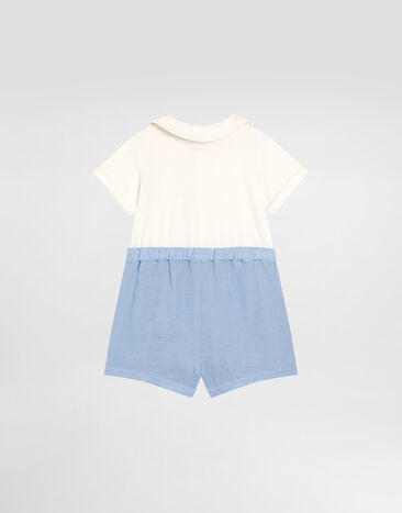Dolce & Gabbana Short-sleeved interlock and linen romper with embroidery Multicolor L1JOAXG7PEP