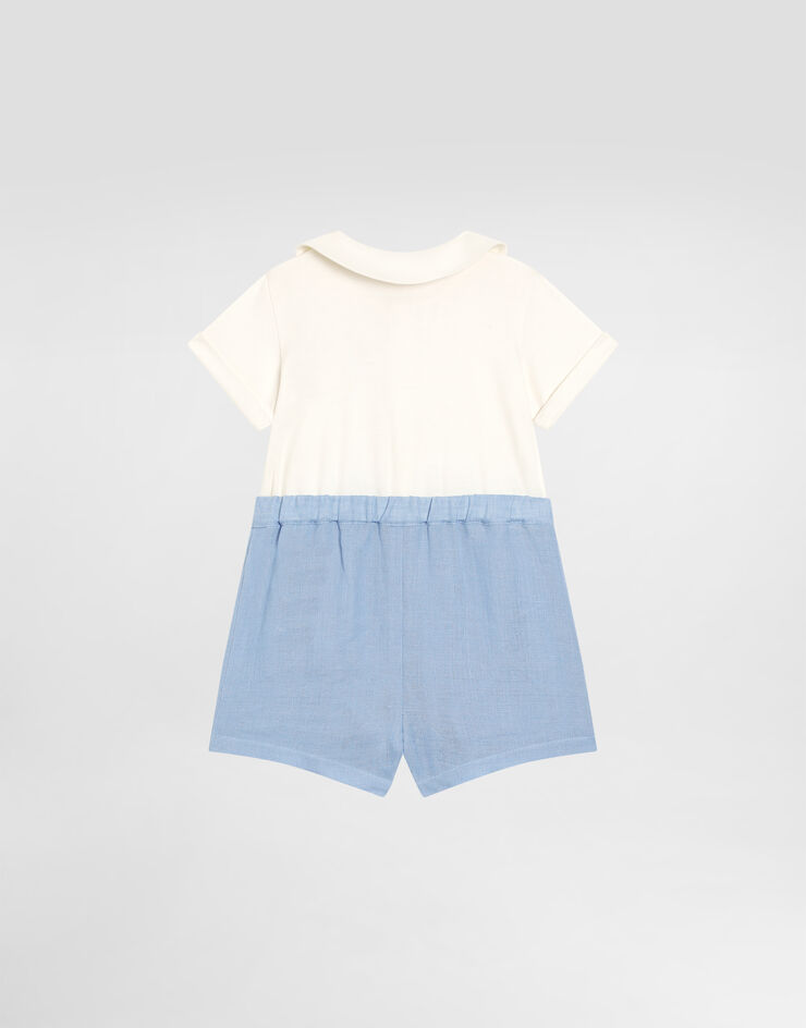 Dolce & Gabbana Short-sleeved interlock and linen romper with embroidery Multicolor L1JOAXG7PEP