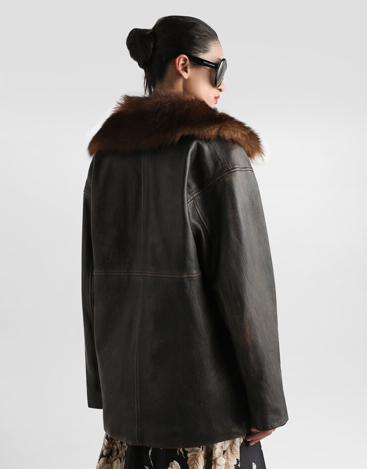 Dolce & Gabbana Leather jacket with fur collar Brown F9S72LHULXV