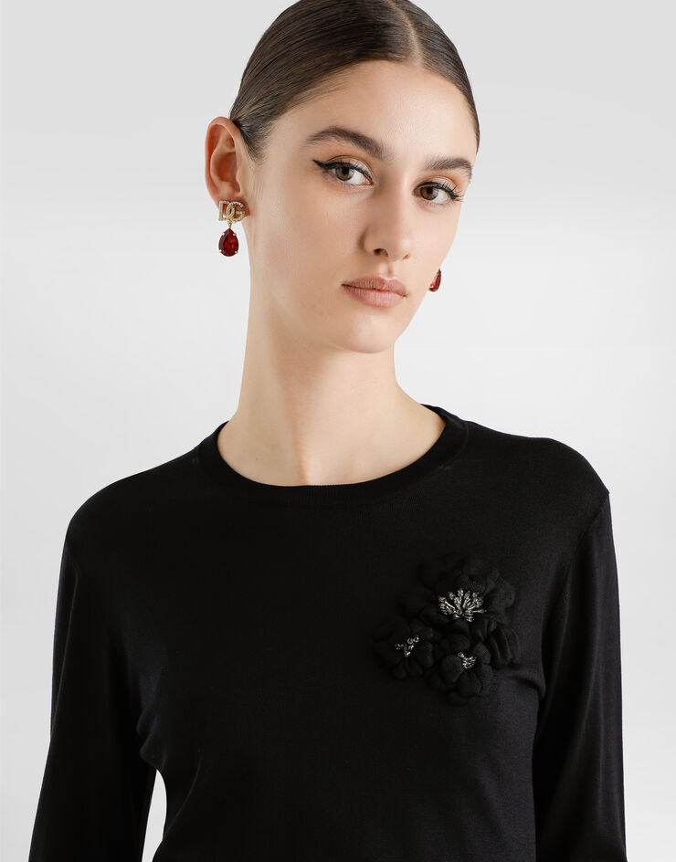 Dolce & Gabbana Silk pullover with flower brooch Black FXX48ZJBSO1