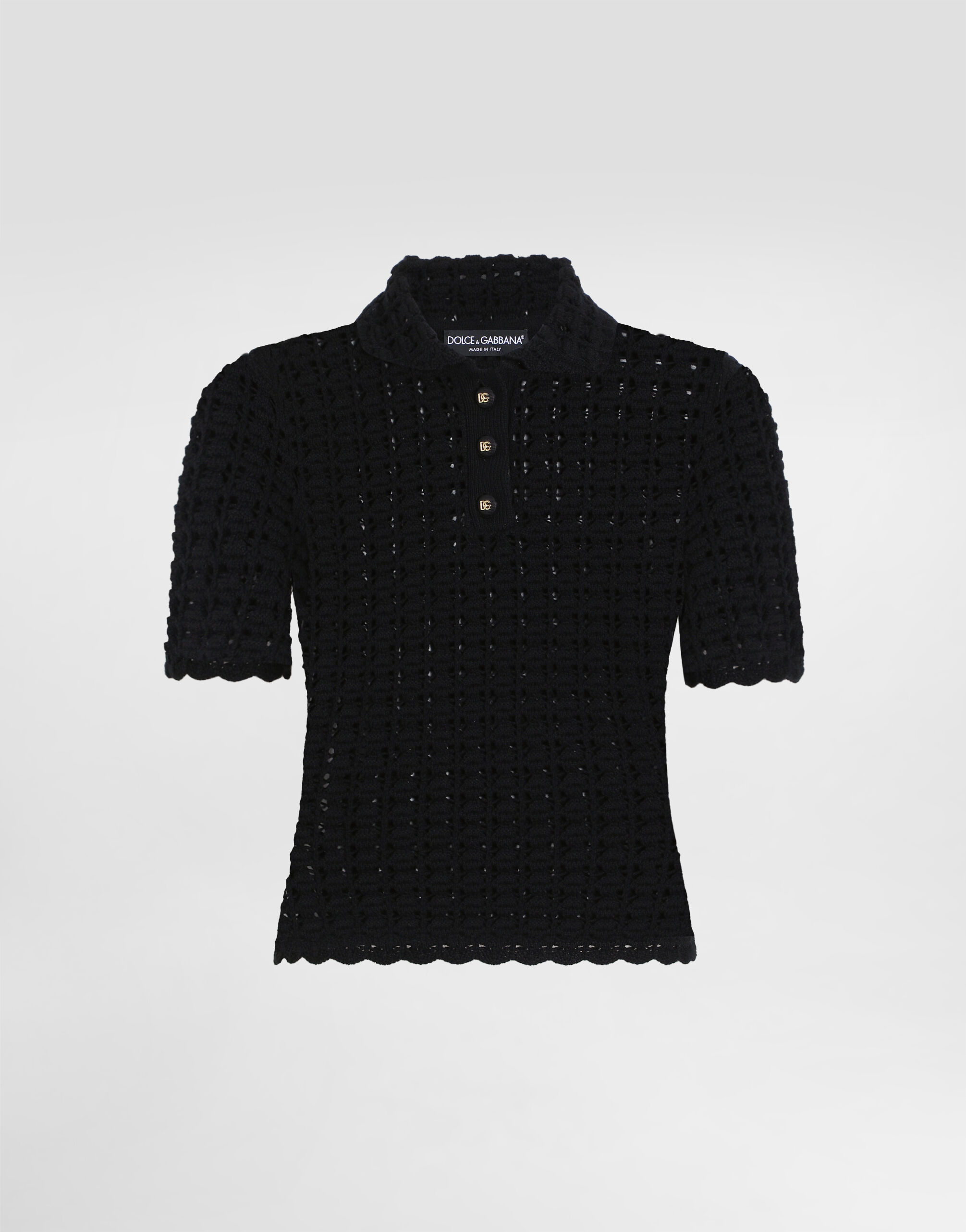 Wool lace-stitch polo-shirt in Black for Women | Dolce&Gabbana® US