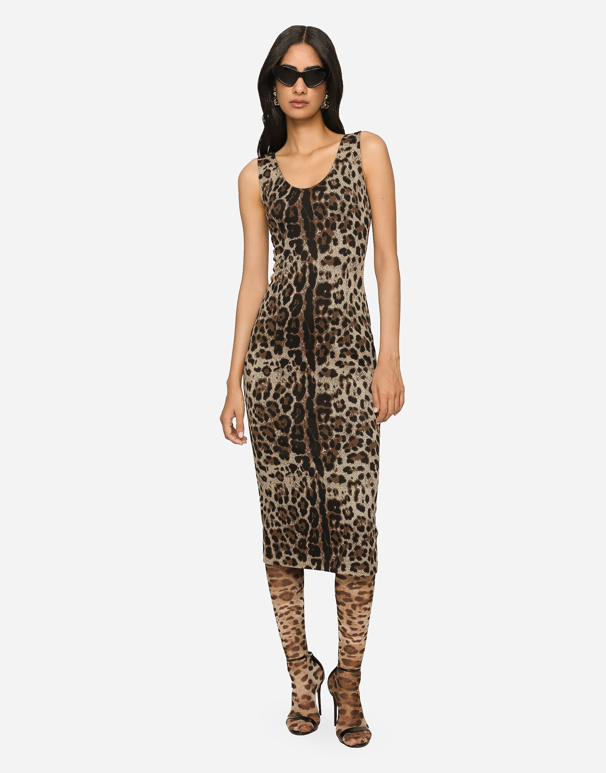 Long jersey dress with jacquard leopard design in Multicolor for Women Dolce Gabbana