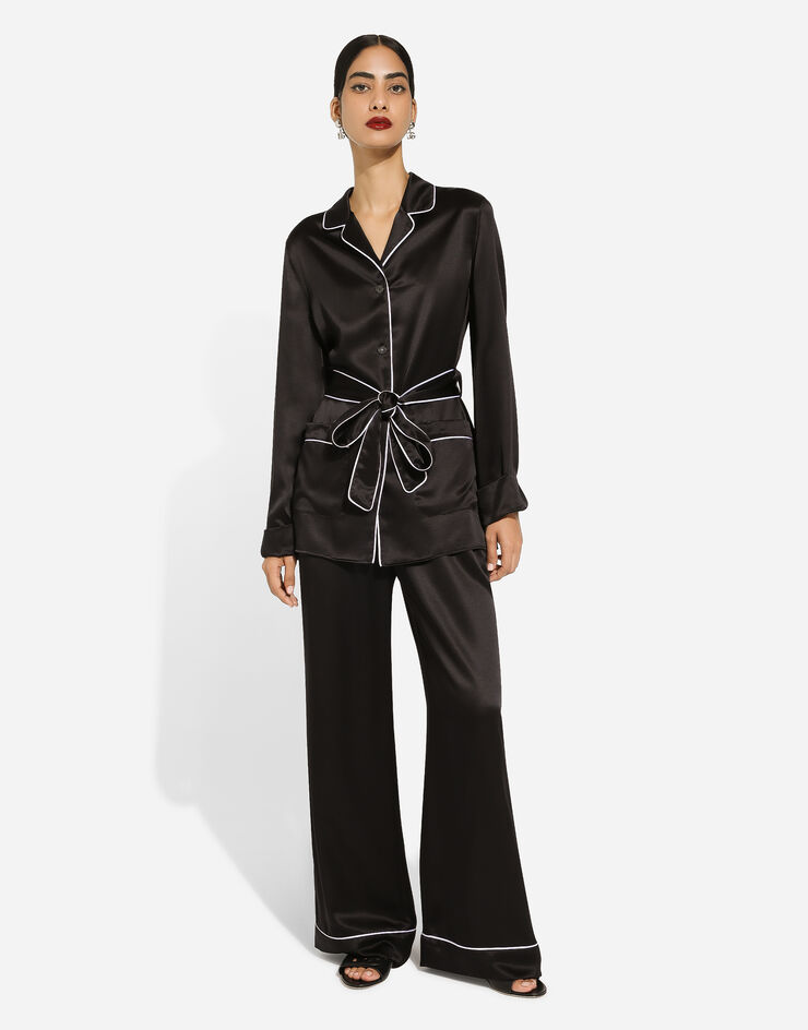 Dolce & Gabbana Silk pajama shirt with contrasting piping Black F5N53TFU1AU