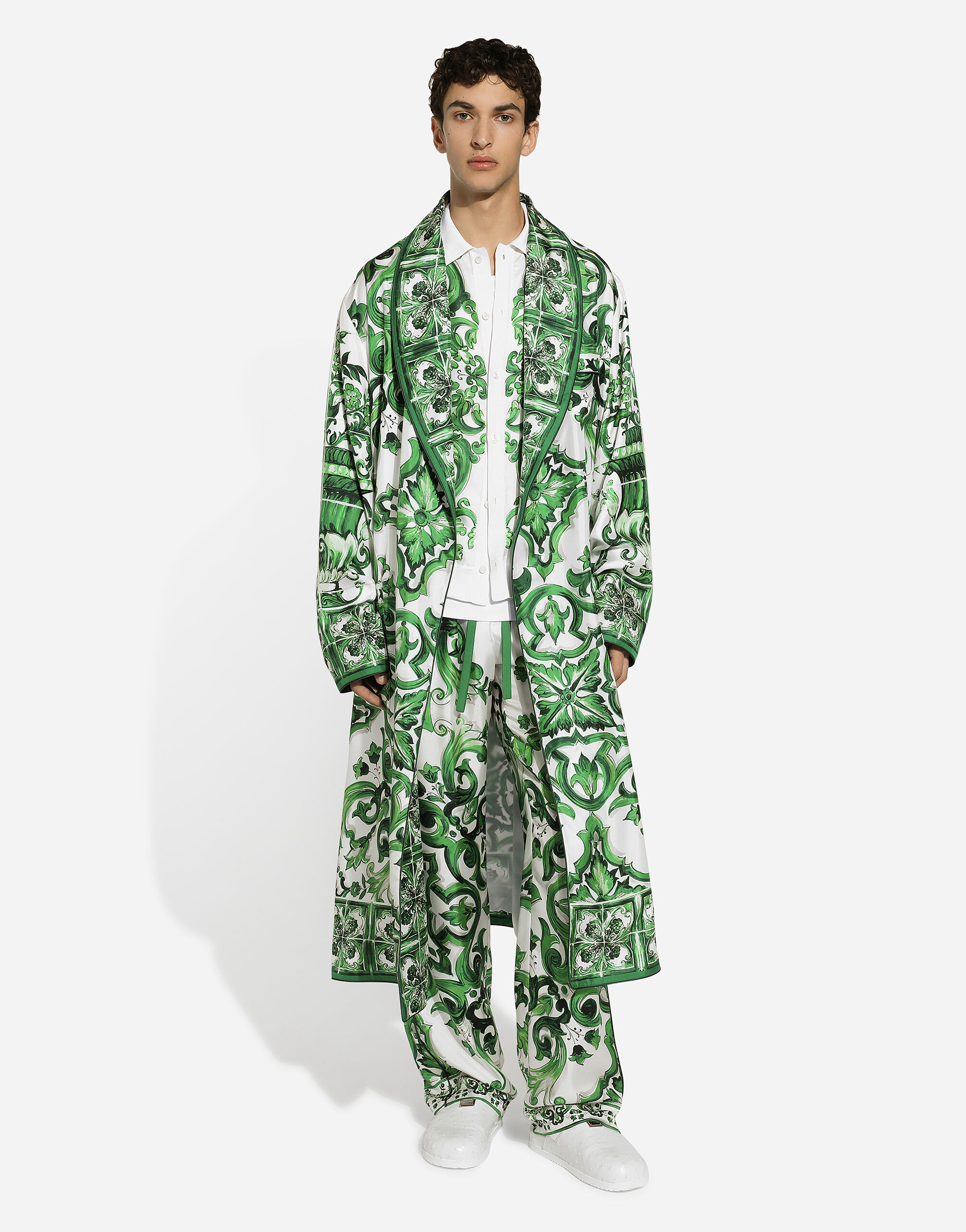 Silk twill robe with majolica print in Print for Men