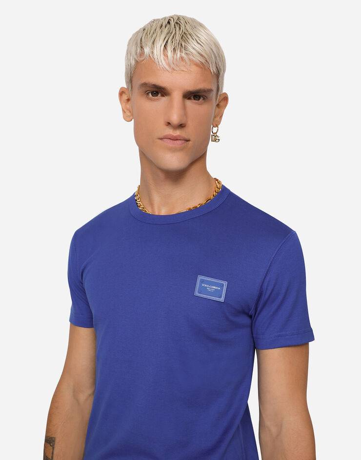 Dolce & Gabbana Cotton T-shirt with branded plate Blue G8KJ9TFU7EQ