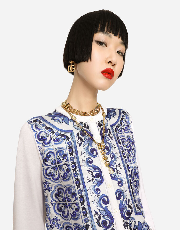 Dolce & Gabbana Cardigan en soie et sergé à imprimé majoliques Multicolore FXH16TJASW1