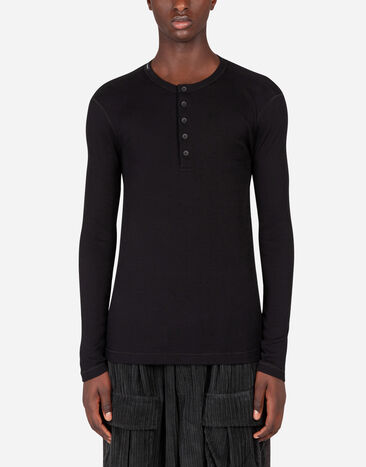 Dolce & Gabbana Fine-rib cotton granddad-neck t-shirt with long sleeves Black G8LA8TFU7AV