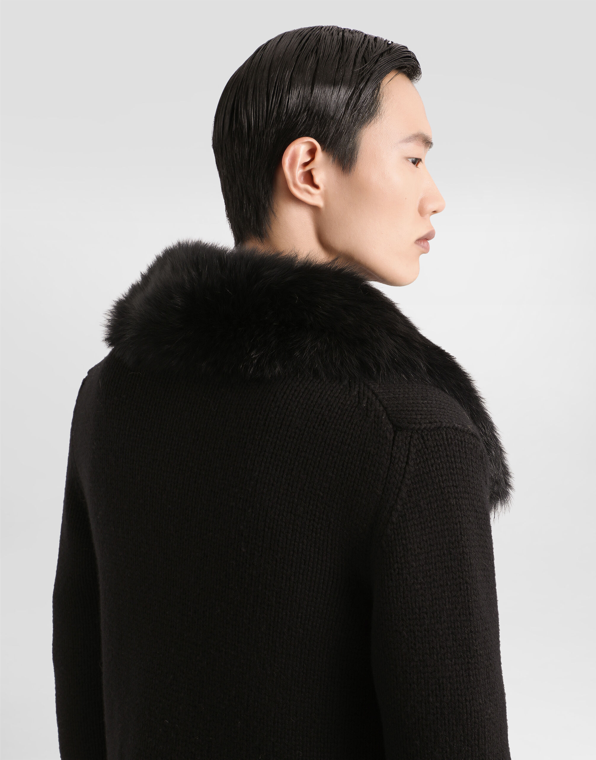 Wool jacket with fur-effect collar in Black for Men
