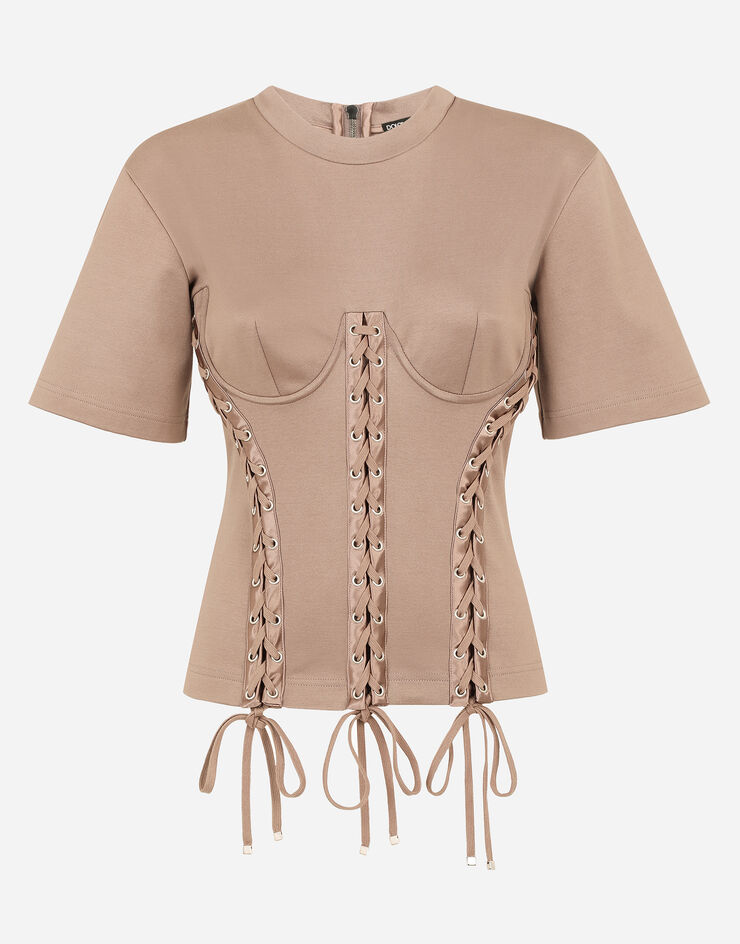 Dolce & Gabbana Corset T-shirt with laces and eyelets Brown F8Q48THU7H8