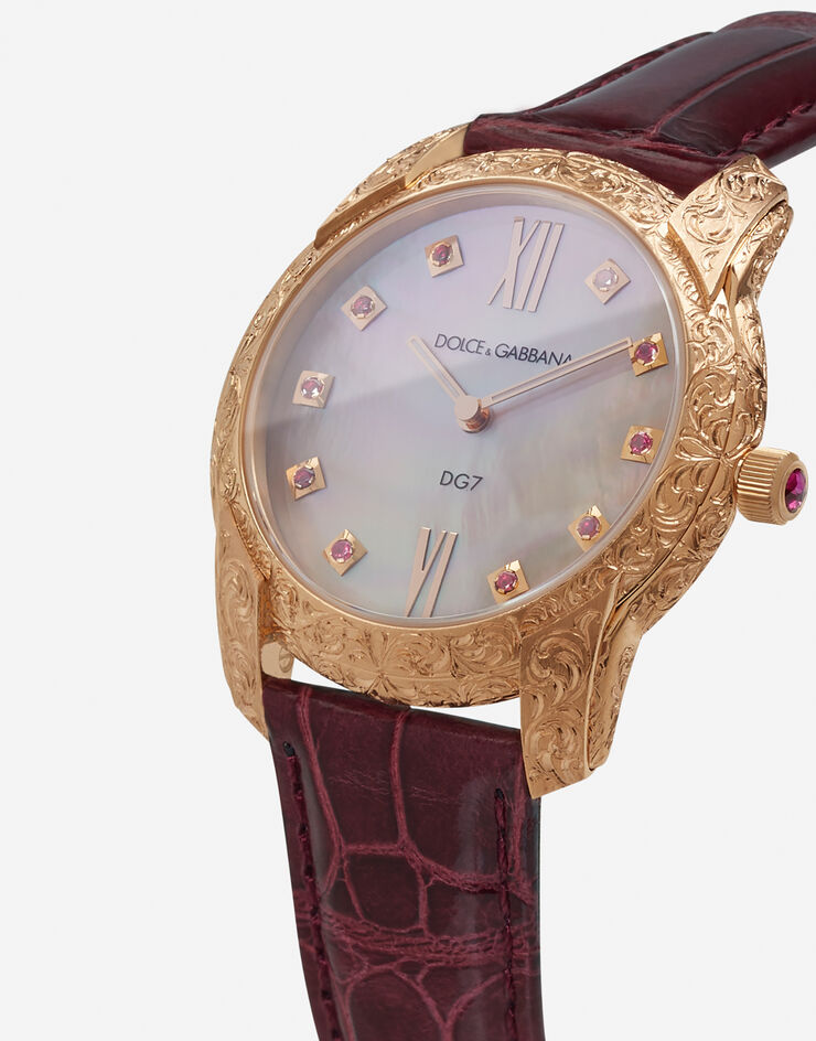 Dolce & Gabbana Orologio DG7 Gattopardo in oro rosso con madreperla rosa e rubini Bordeaux WWFE2GXGFRA