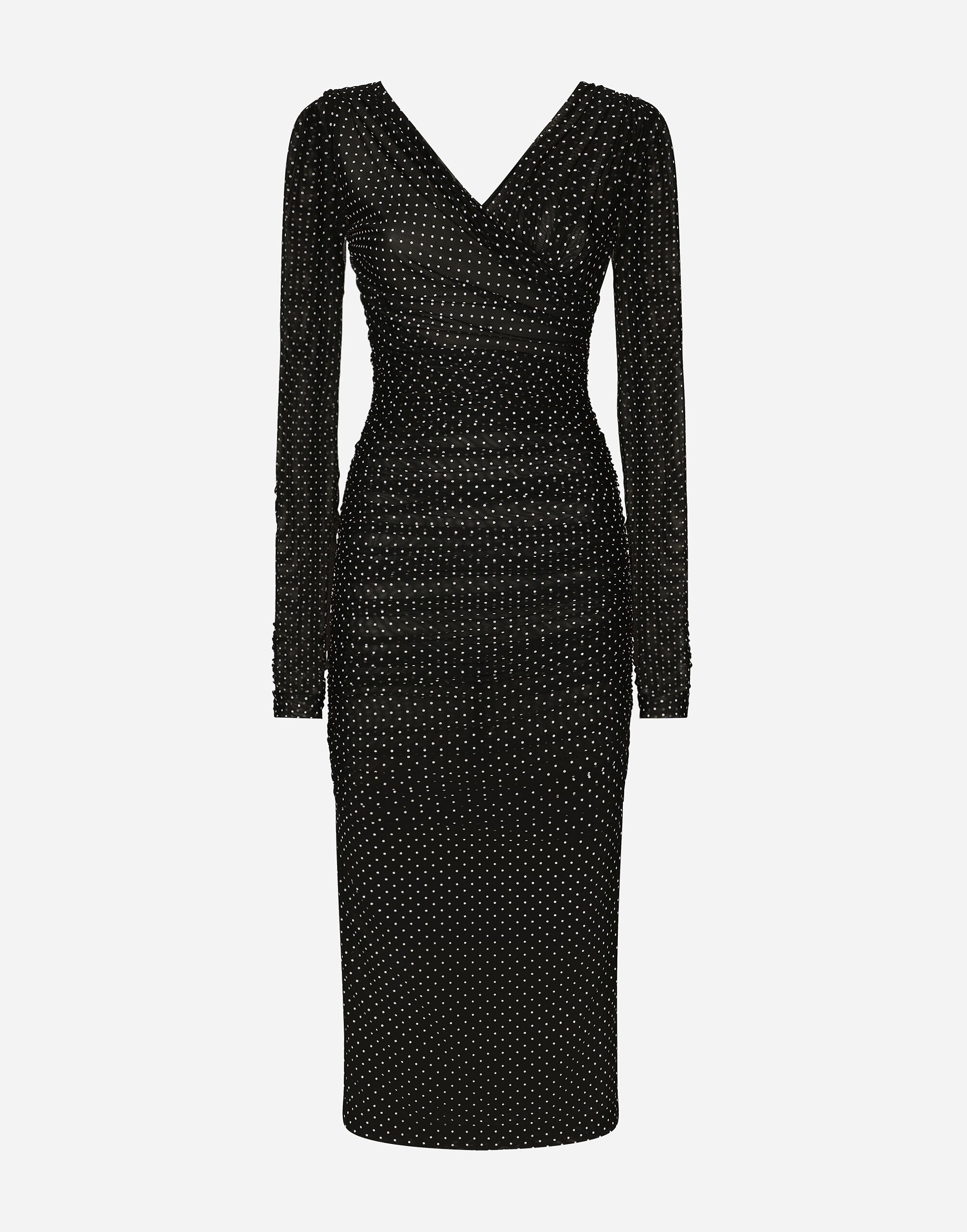 Dolce&Gabbana Tulle calf-length dress with draping and polka-dot print Black F6DKITFU1AT