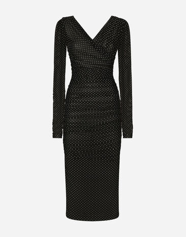 Dolce & Gabbana 폴카 도트 프린트 & 드레이핑 디테일 튤 미드카프 드레스 블랙 FT0CXTFUBF0