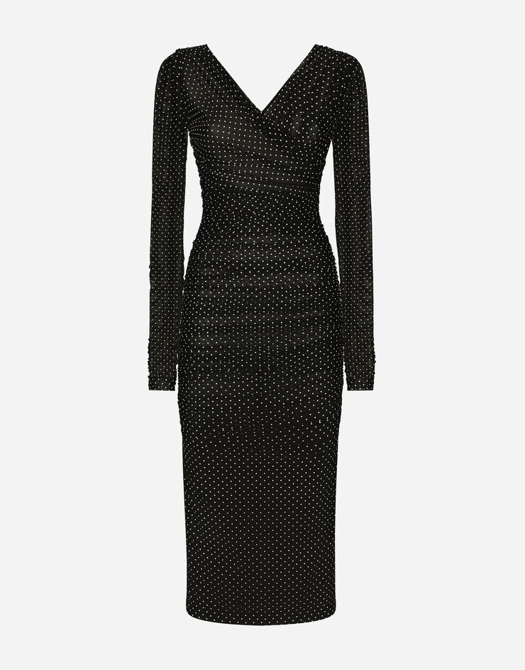 Dolce & Gabbana Vestido longuette drapeado de tul con estampado de lunares Imprima F6JIYTFSRP1