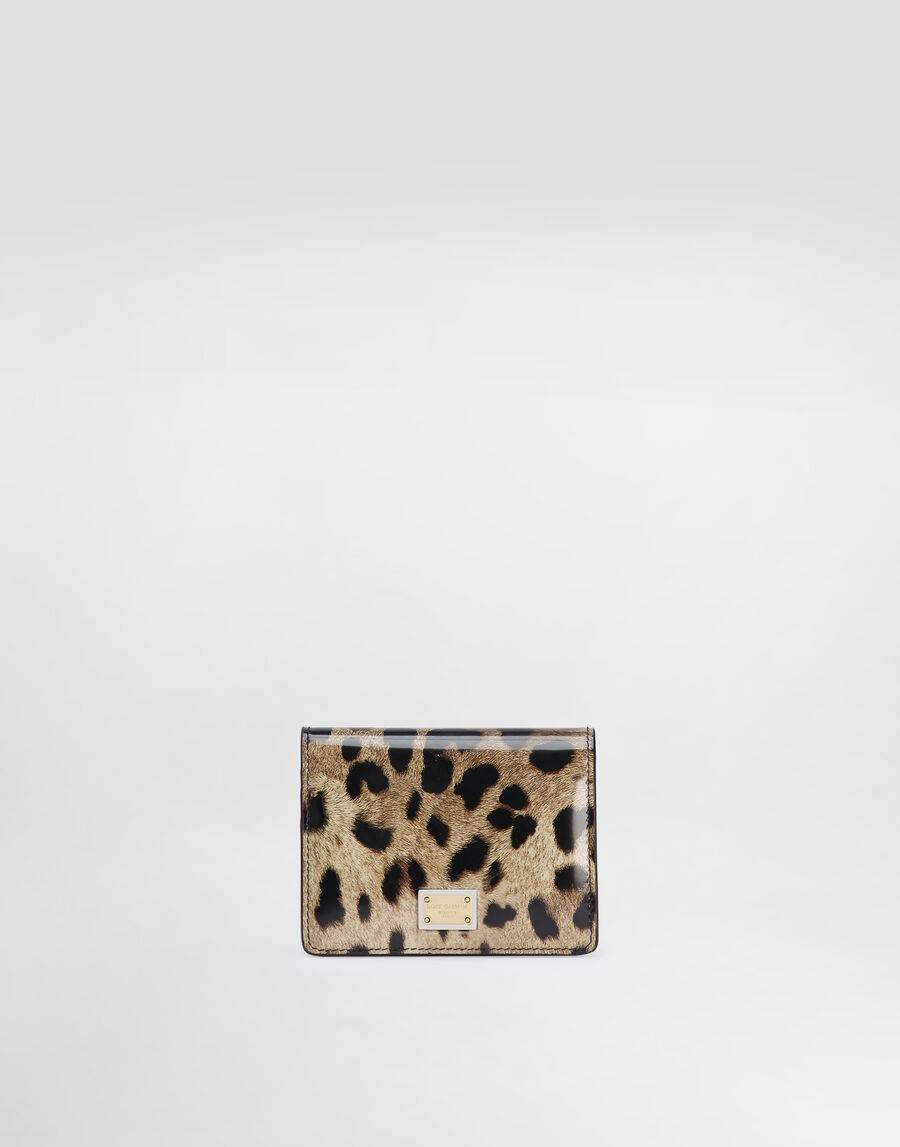 Polished calfskin wallet with leopard print