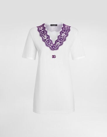 Dolce & Gabbana Jersey t-shirt with lace and DG patch White F8G99ZGDDBP