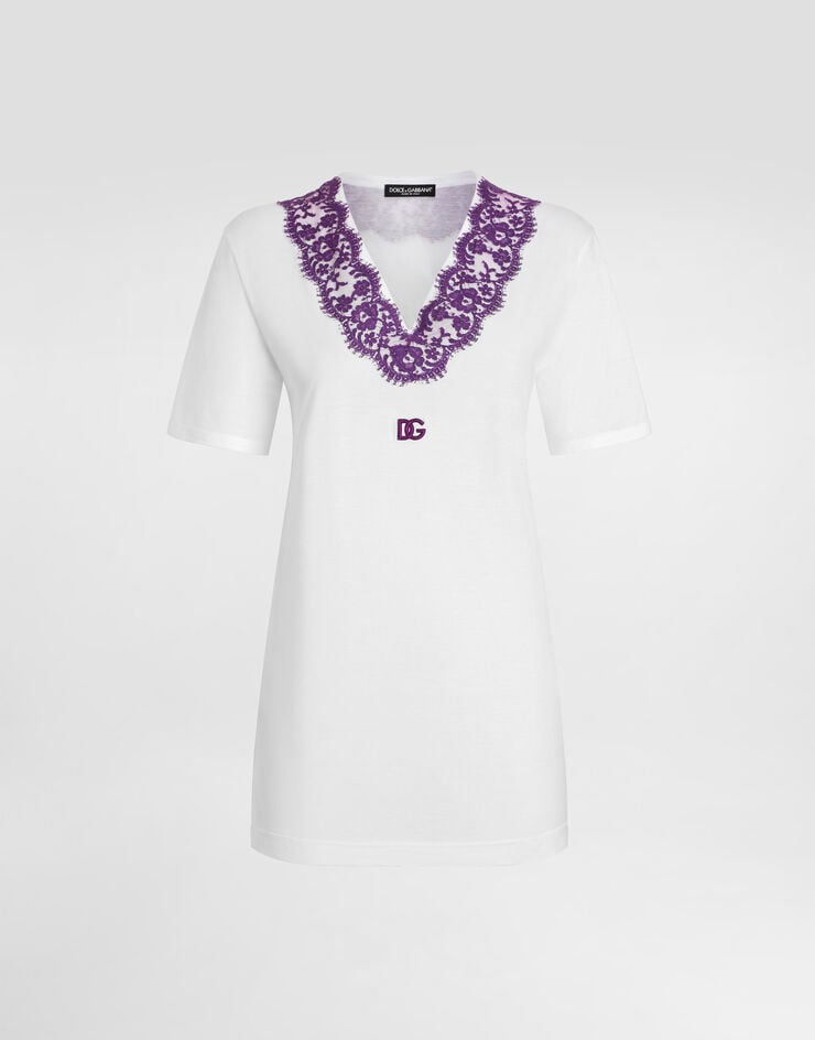 Dolce & Gabbana Jersey t-shirt with lace and DG patch White F8G99ZGDDBP
