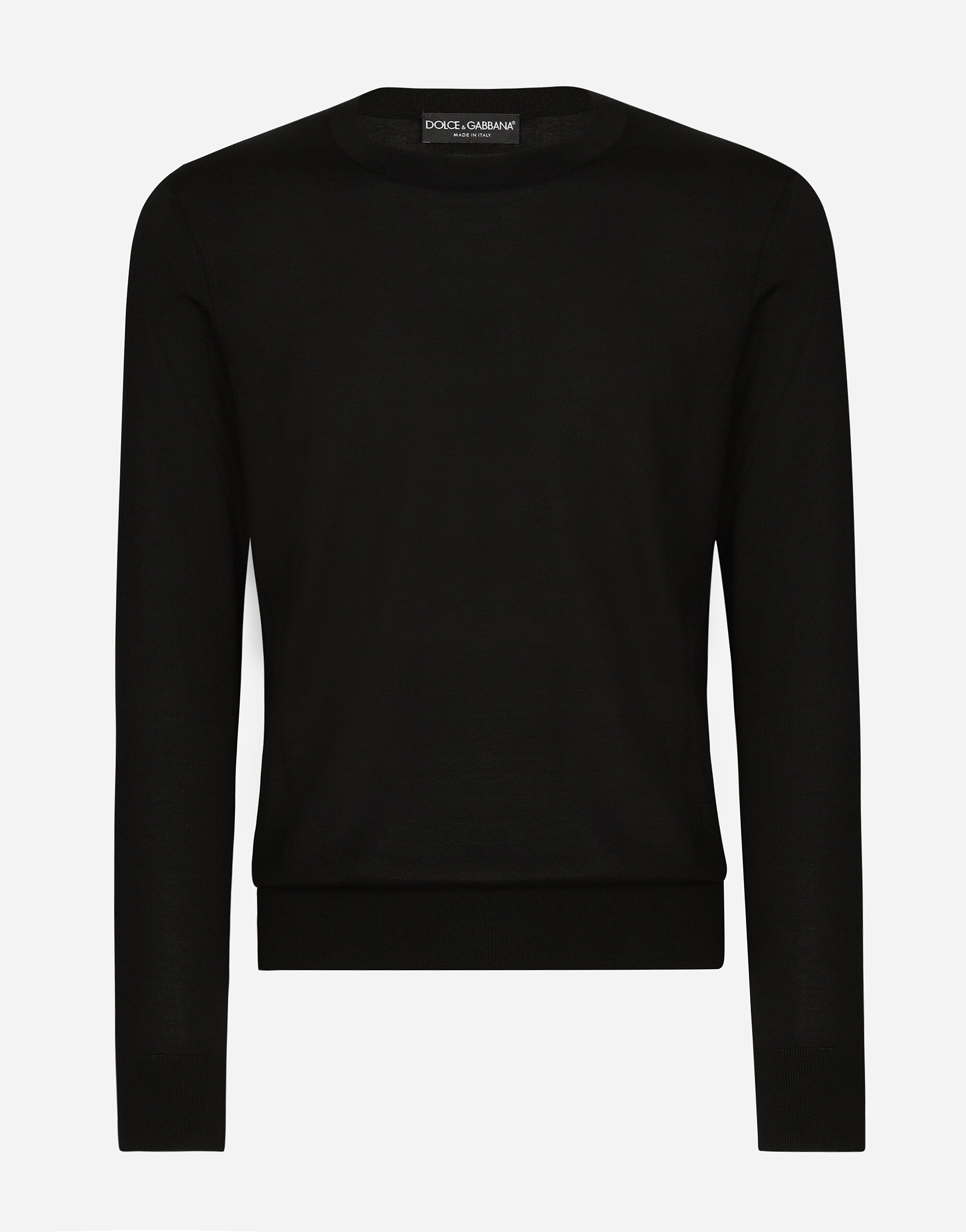 Dolce & Gabbana Round-neck silk sweater with Dolce&Gabbana logo Black GXZ38ZJBCDS