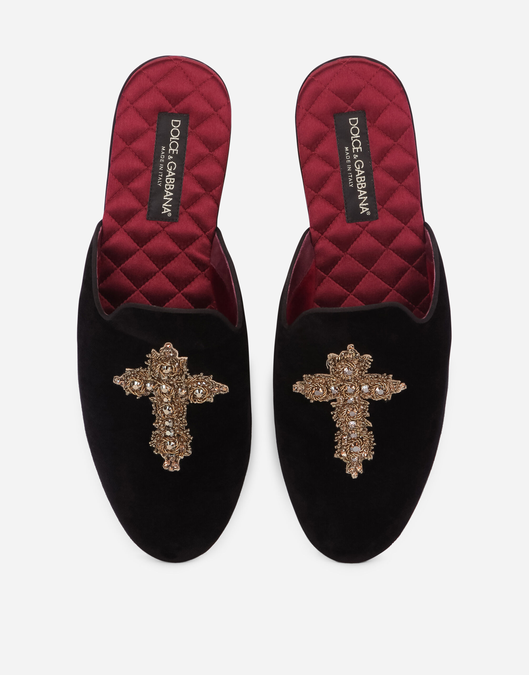 Velvet slippers with cross embroidery in Black for Men Dolce Gabbana US