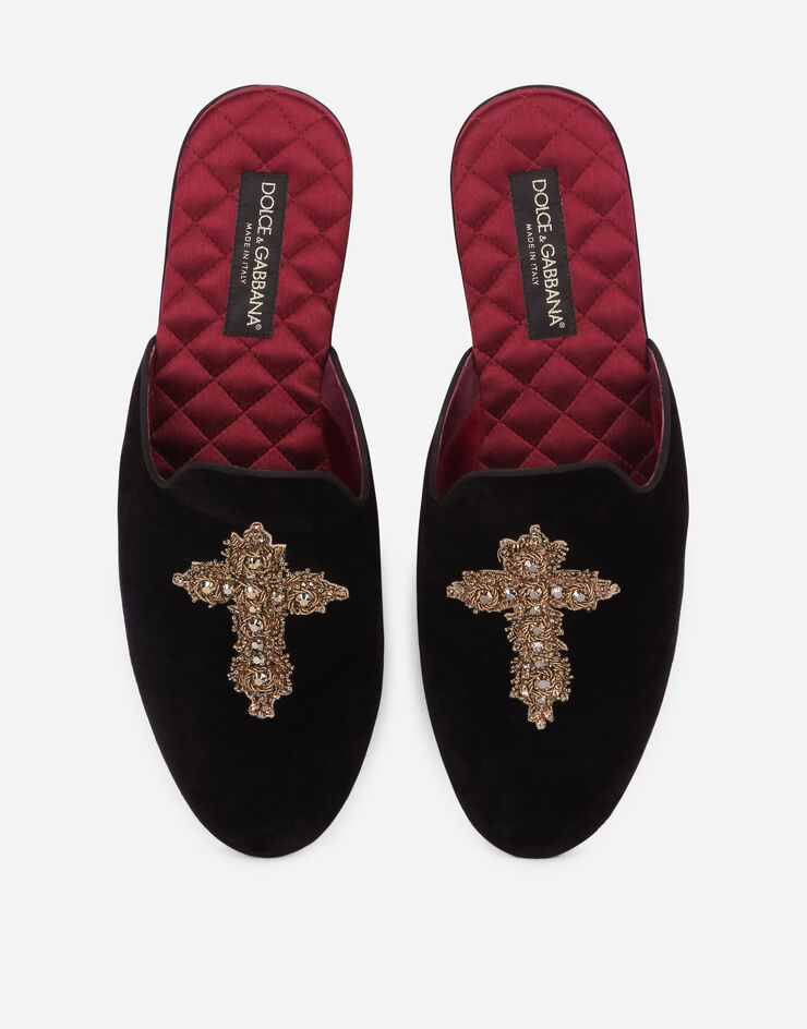 Dolce & Gabbana Velvet slippers with cross embroidery Black A80222AX584