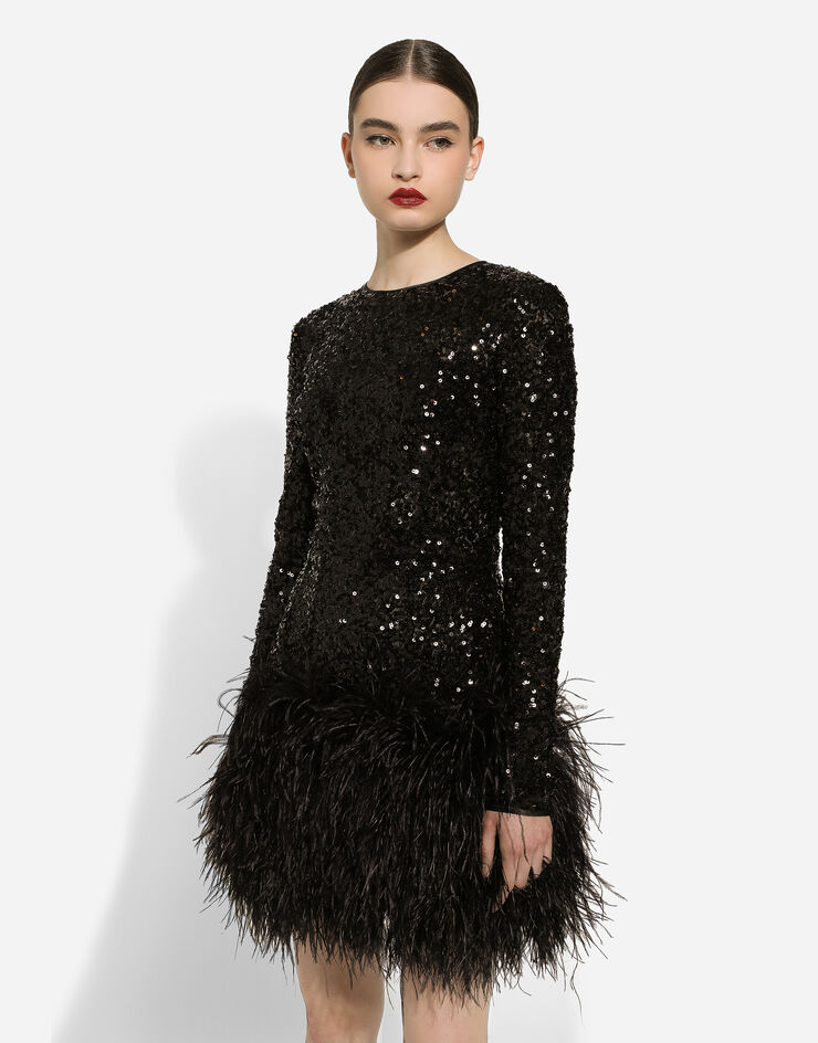 Dolce & Gabbana Kurzes Paillettenkleid mit Federbesatz Schwarz F6DKSTFLUBX