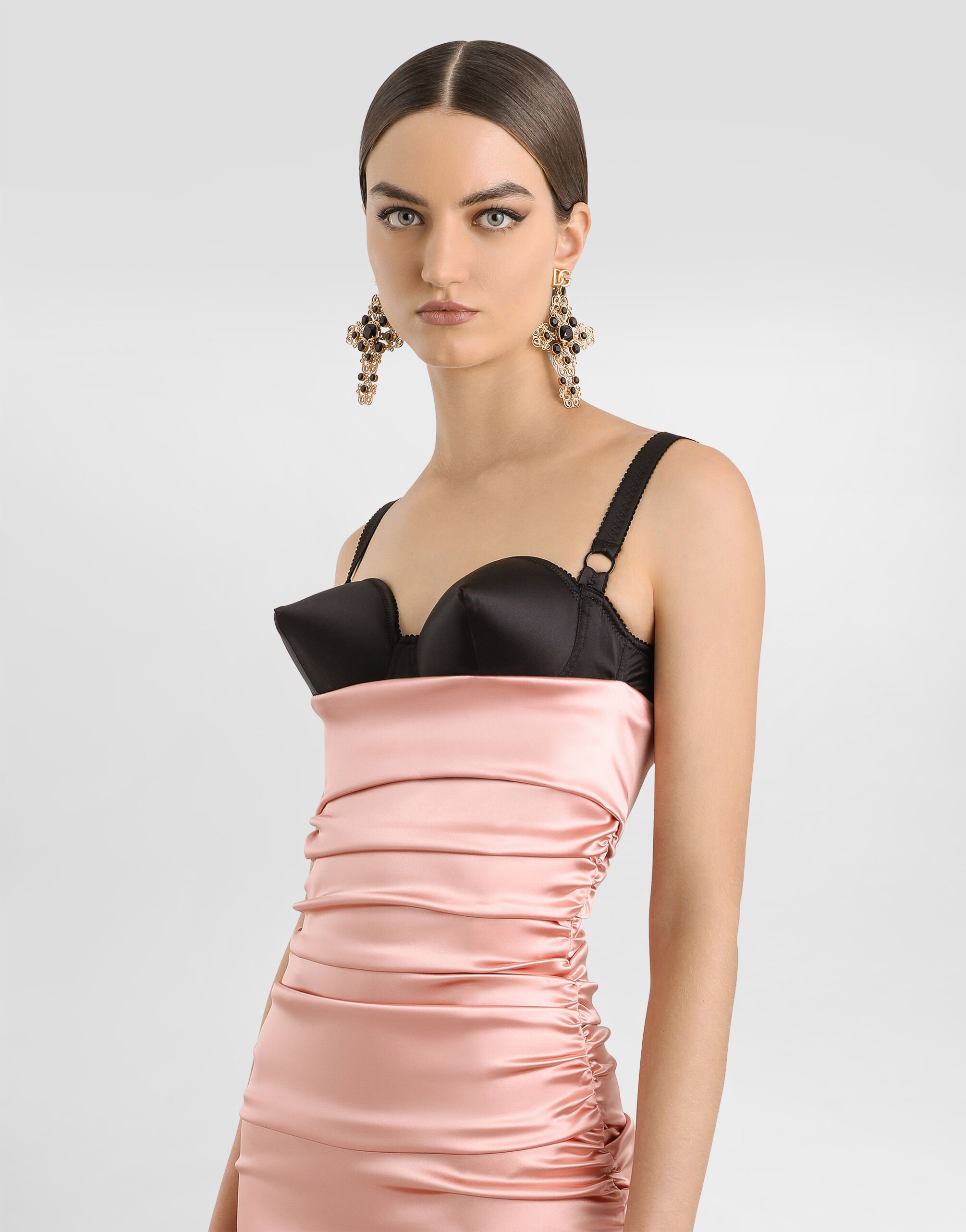 Draped satin calf-length dress with bra-style cups in Beige