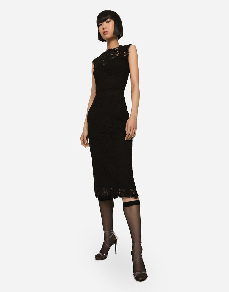Dolce & Gabbana Longuette-Kleid aus elastischer Spitze mit Logo Schwarz F6H0ZTHLM7L