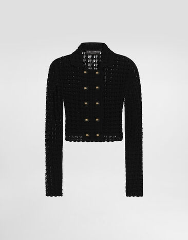 Dolce & Gabbana Zweireihige Kurzjacke aus Häkelstrick aus Wolle Schwarz FXV60TJCVWH
