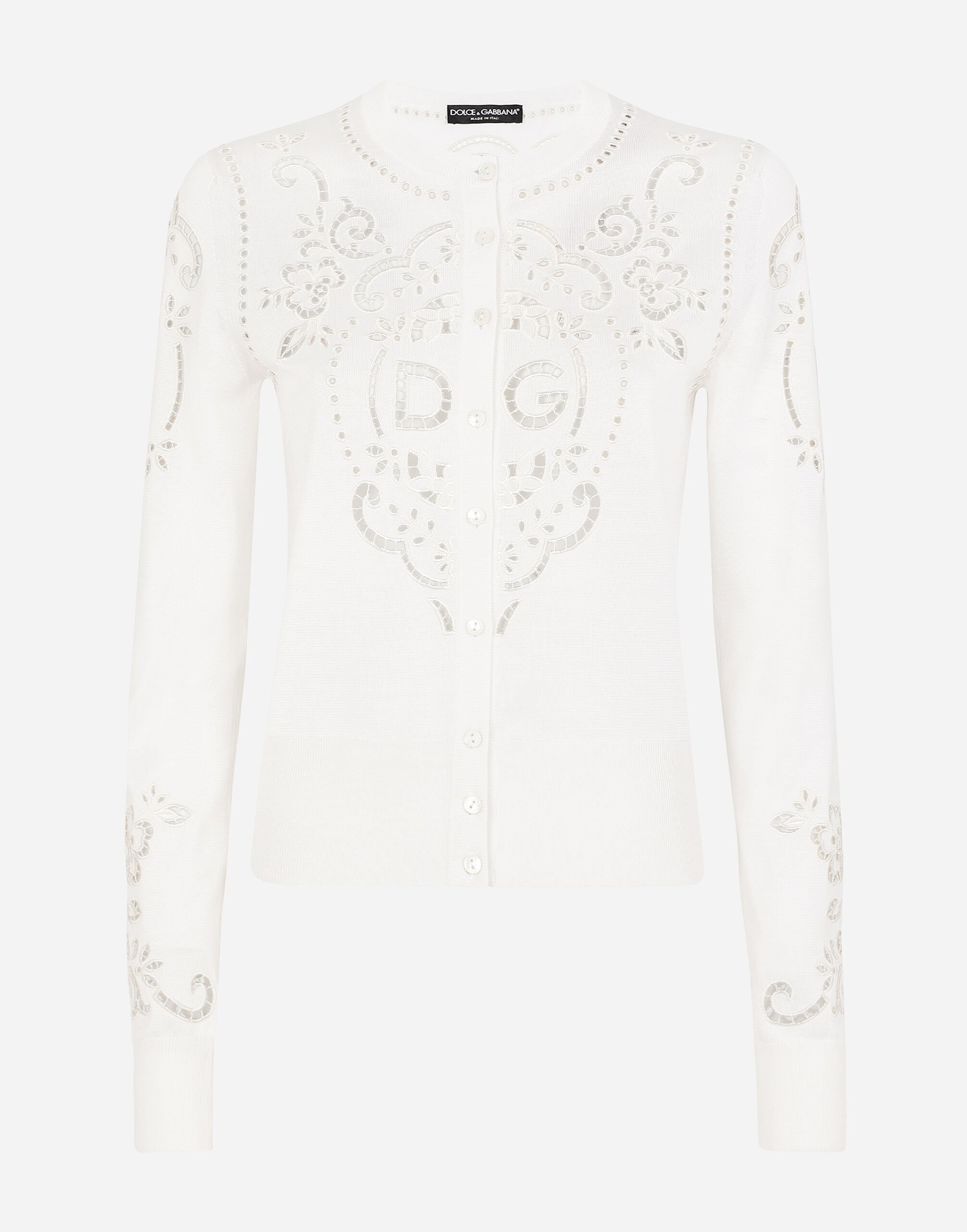 Dolce & Gabbana Silk cardigan with DG openwork embroidery White FXJ16TJEMO7